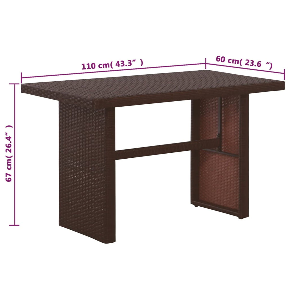 Brauner Rattan-Bartisch, 110cm lang, 60cm breit, 67cm hoch. Maße angegeben.