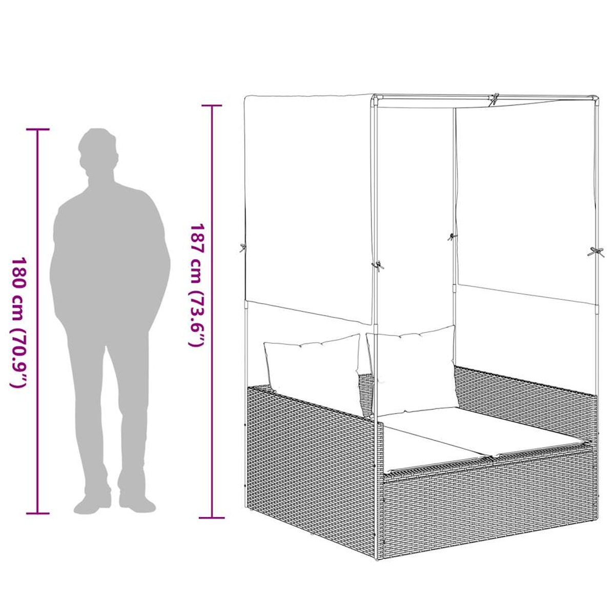 Ein Schattenriss einer Person neben einem Pavillon mit Sitzkissen.