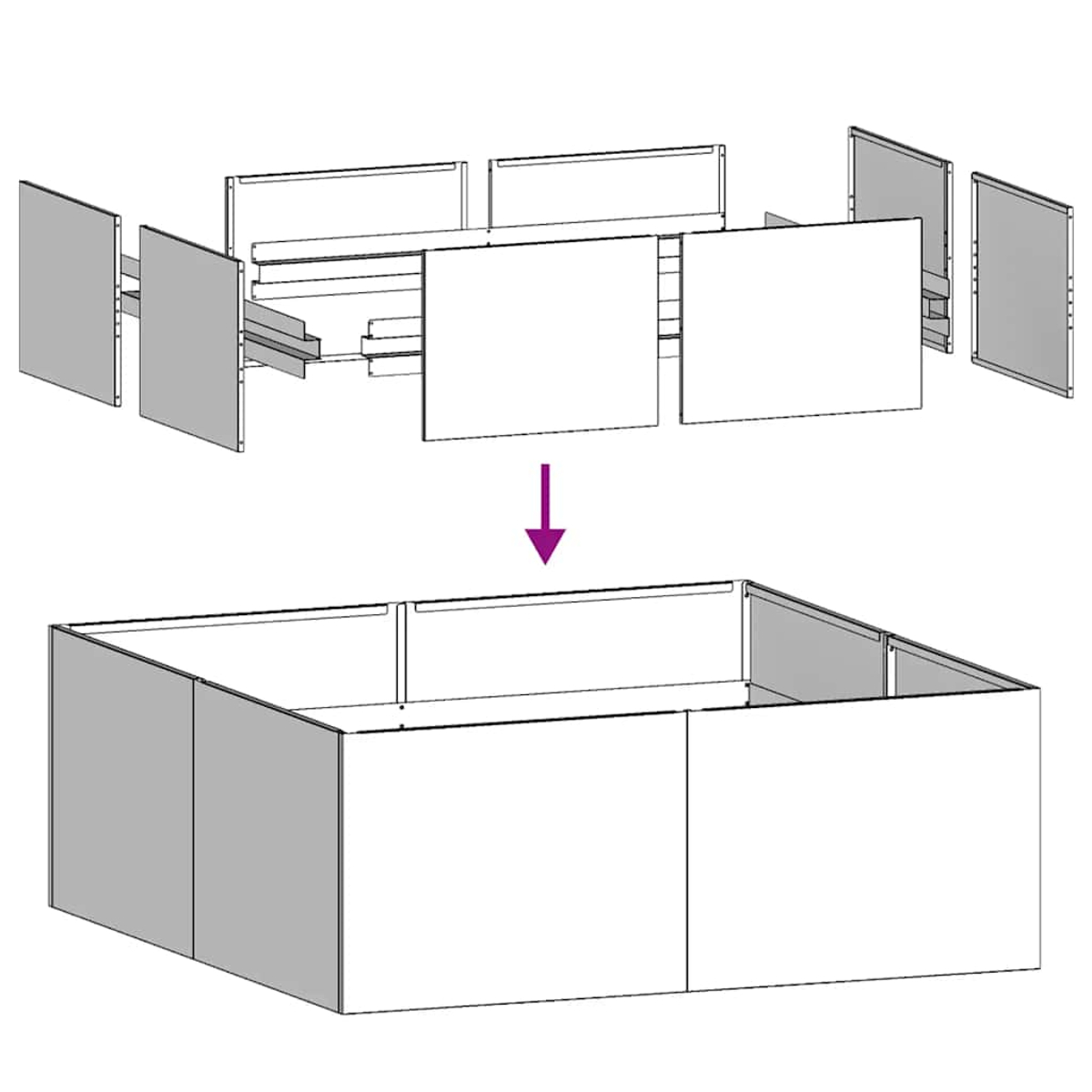 Diagramm zeigt Montage von Modulpaneelen zu einem rechteckigen Rahmen.