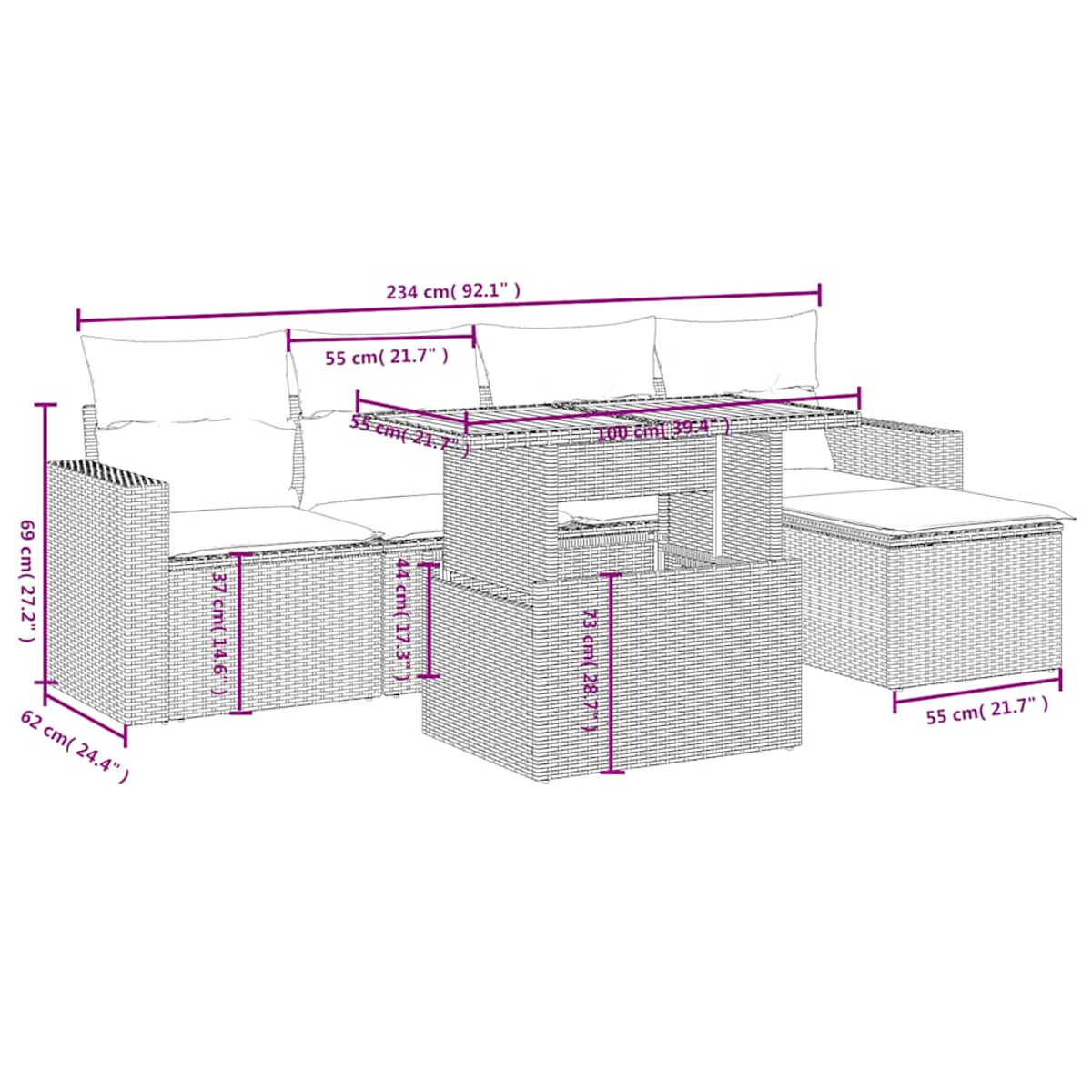 Diagramm eines modularen Gartenmöbelsets mit Maßen. Enthält Sofa, Tisch und Hocker.