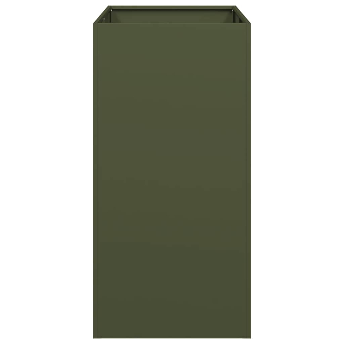 Un contenitore alto, rettangolare, verde scuro, in metallo si erge su sfondo bianco.