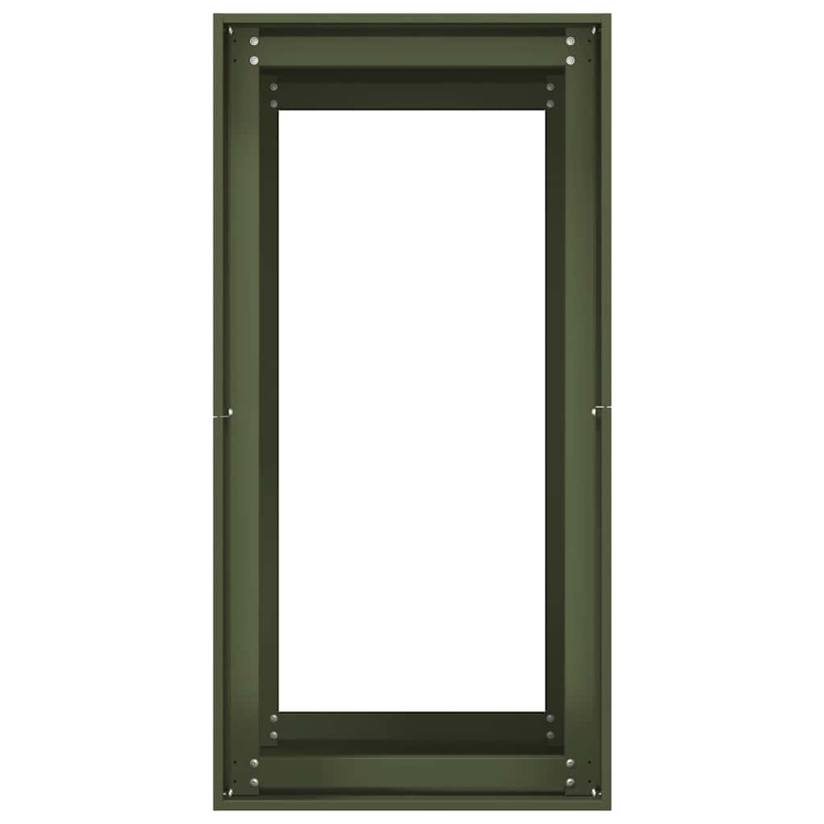 Un telaio di porta rettangolare verde scuro con rivetti e dettagli di cerniere visibili.