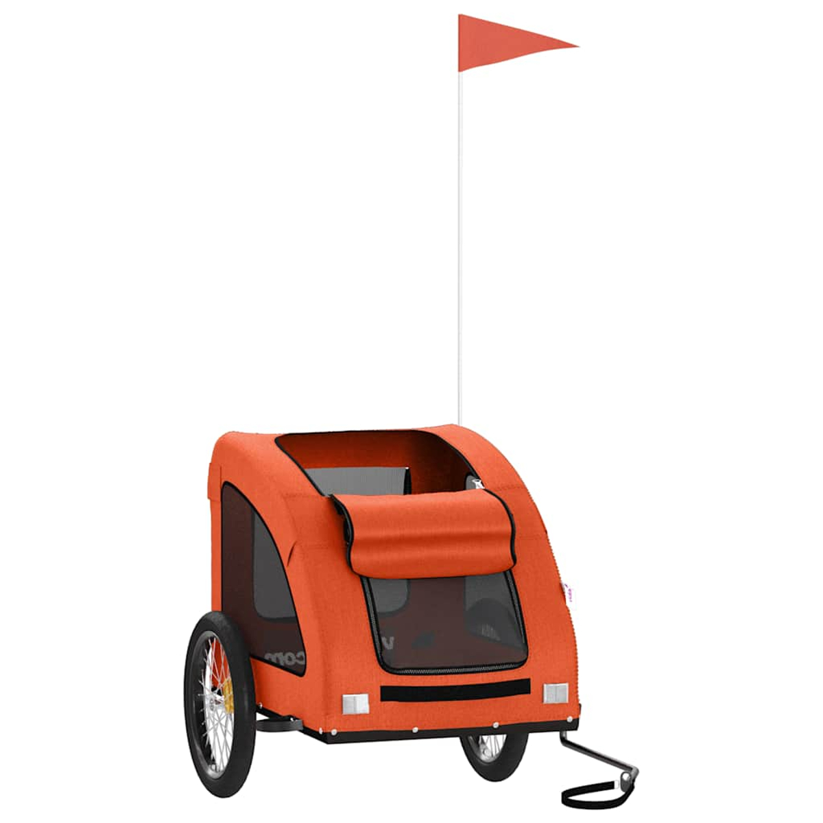 Orange Kinderanhänger mit roter Fahne auf weißem Hintergrund.