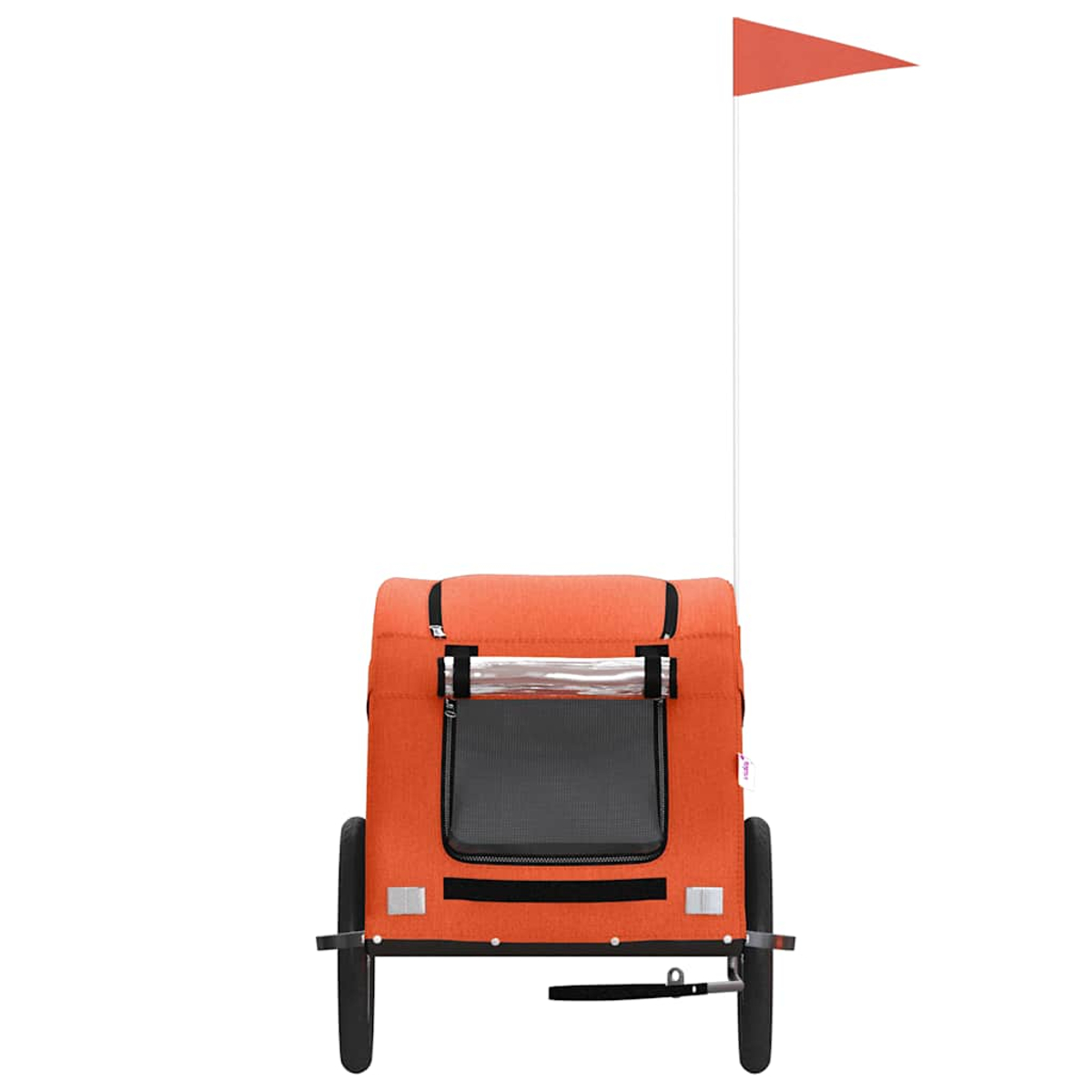 Ein orangefarbener Anhänger mit einem weißen Fahnenmast und einer roten Fahne.