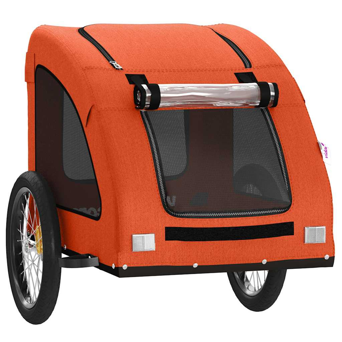 Ein orangefarbener Kinderwagen mit Netzfenstern und einem transparenten Griff.