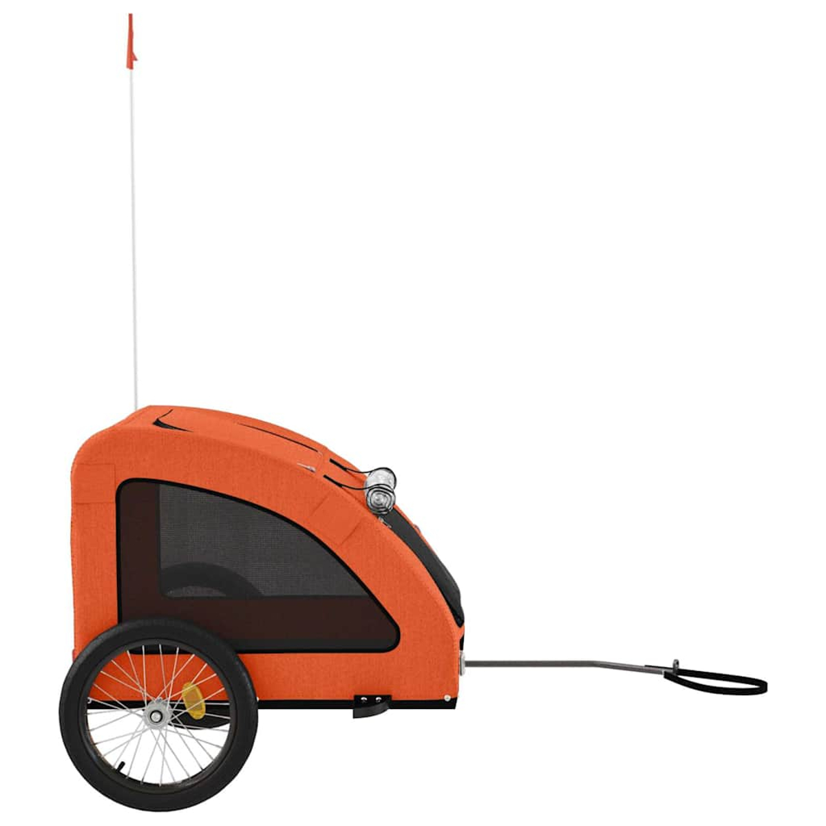 Orange Fahrradanhänger mit einem Rad, Netzfenstern und Sicherheitsflagge.