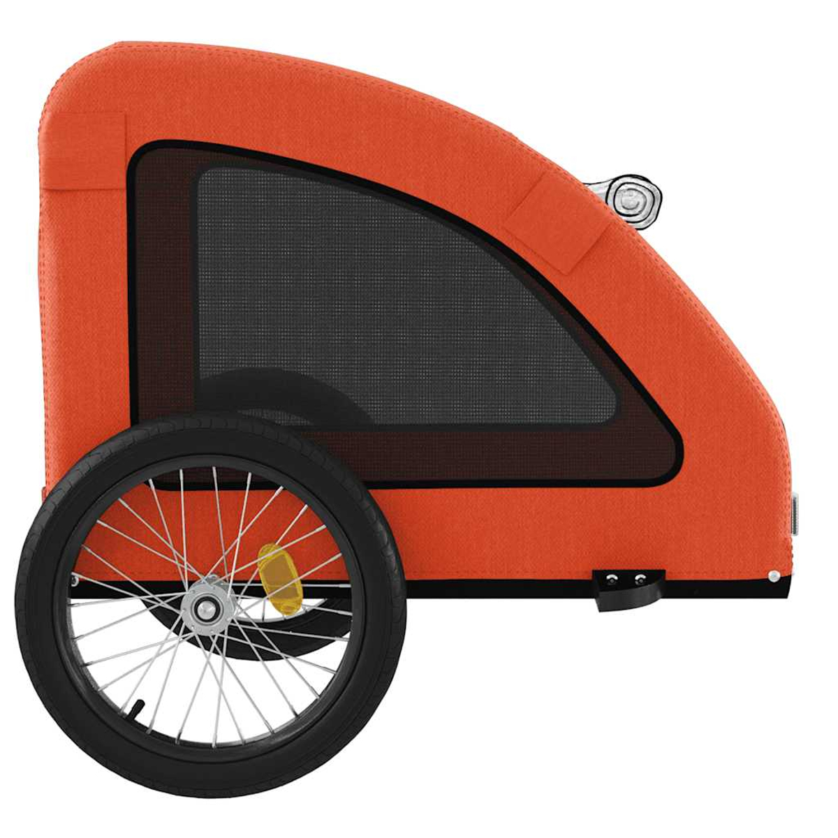 Ein orangefarbener Kinderanhänger mit Netzfenster und einem Rad.