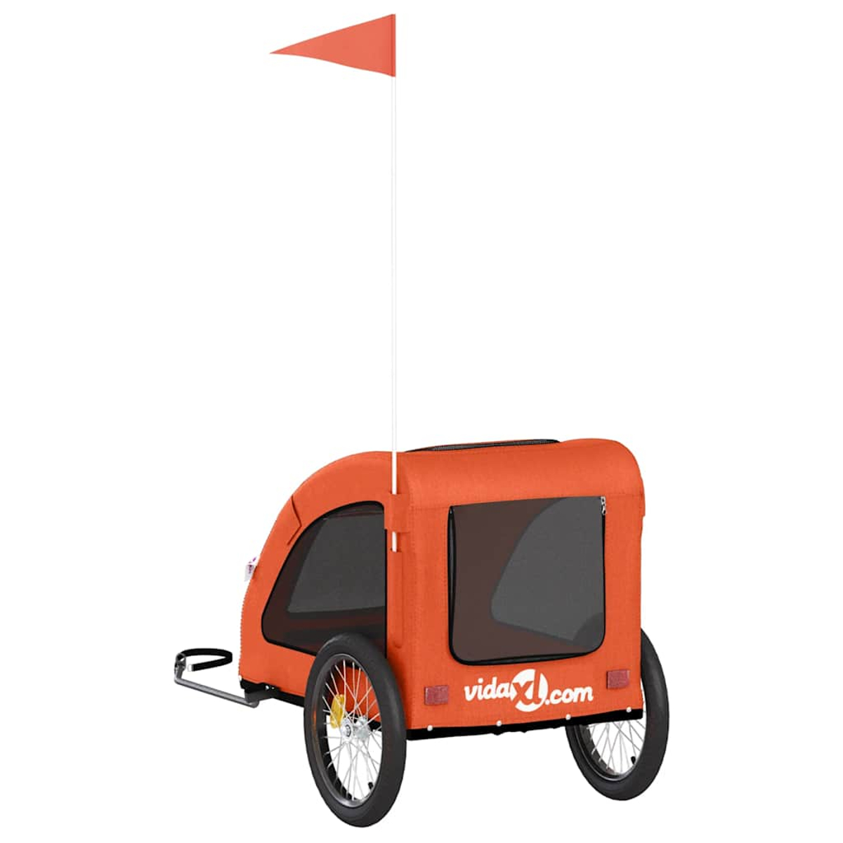 Orange Fahrradanhänger mit Flagge und Sichtfenstern.