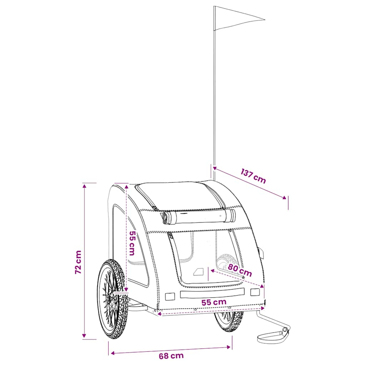 Kinderfahrradanhänger mit Maßen: 72cm hoch, 68cm breit, 137cm lang.