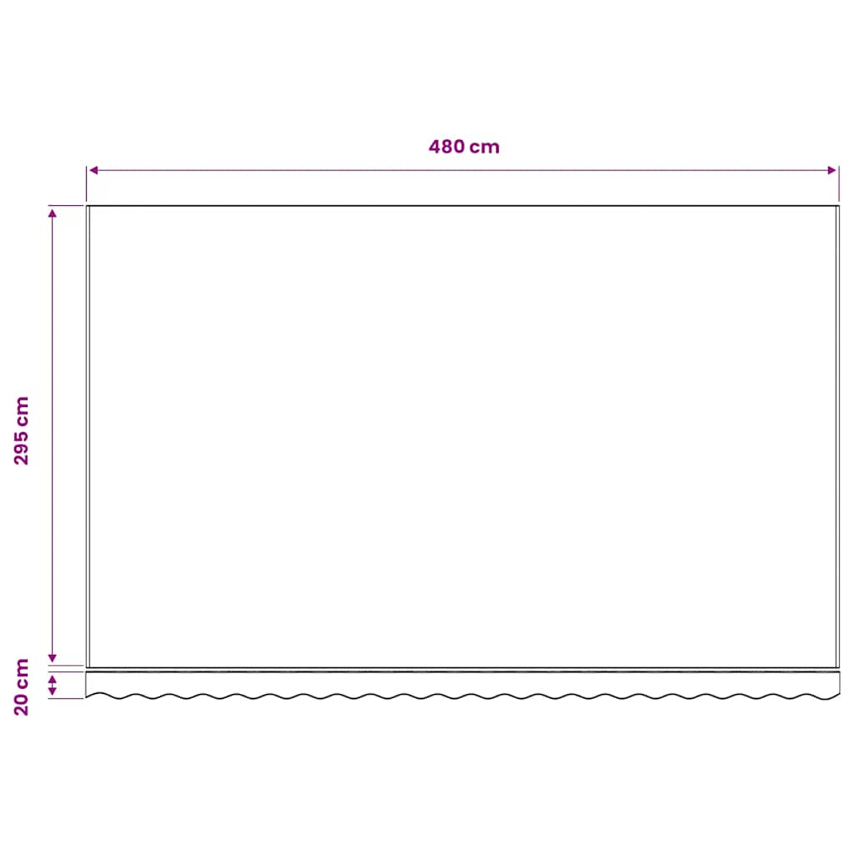 Diagramm mit Maßen: 480 cm Breite, 295 cm Höhe, 20 cm Saum.