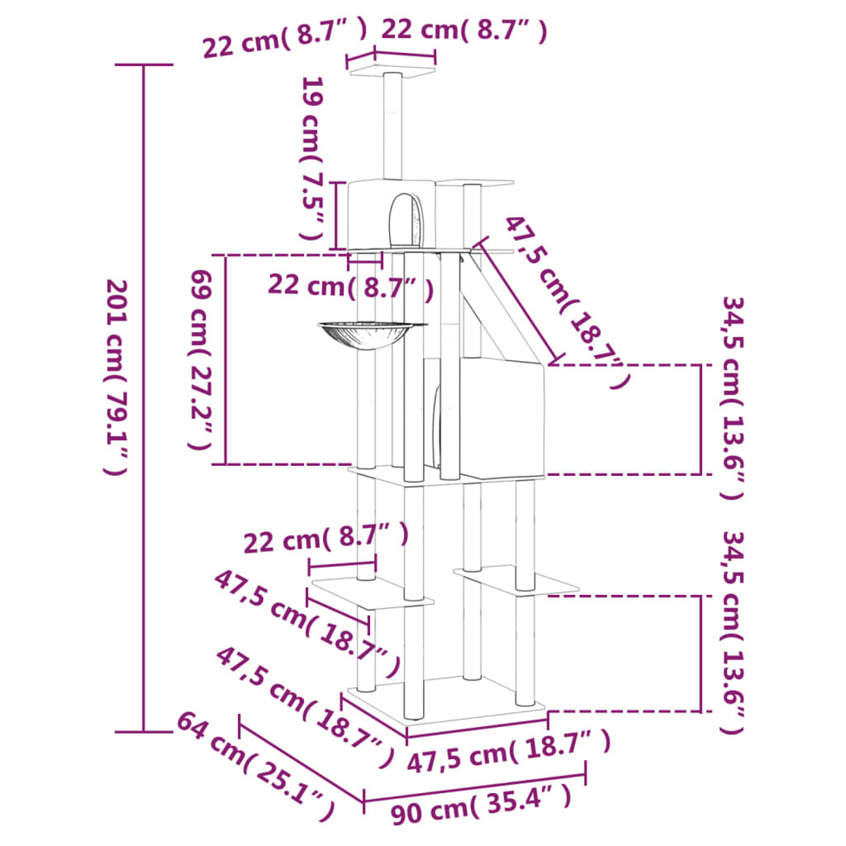 Diagramm eines mehrstöckigen Kratzbaums mit Maßen in cm und Zoll.
