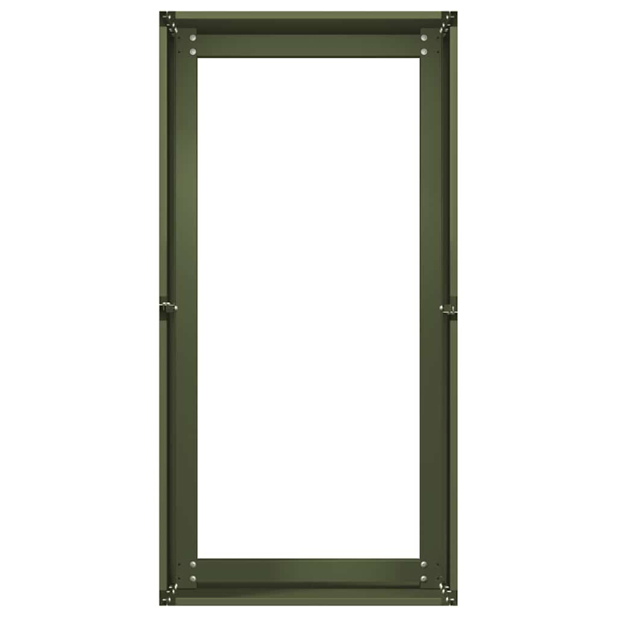 Un telaio di porta verde scuro con ferramenta argentata su sfondo bianco.