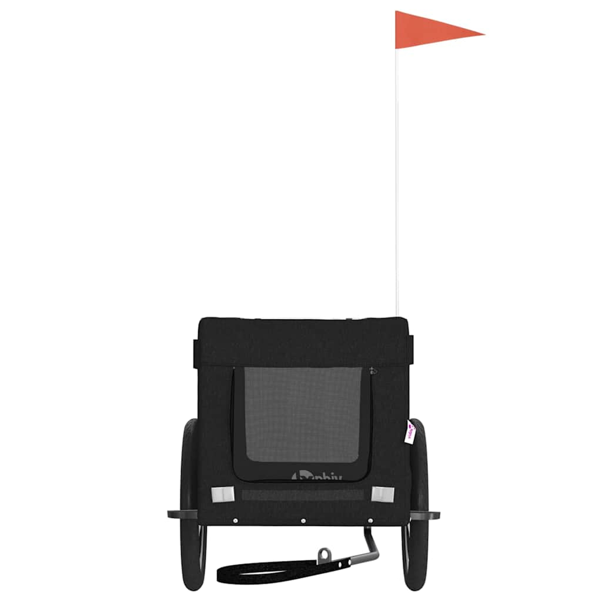 Ein schwarzer Fahrradanhänger mit einem orangefarbenen Wimpel auf einem weißen Mast.