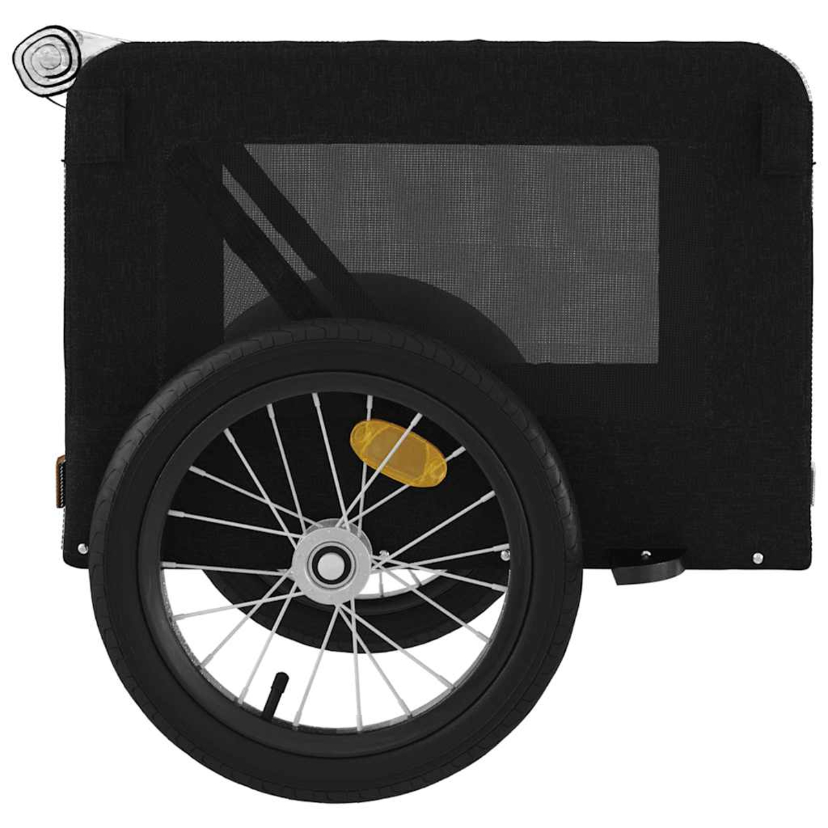 Schwarzer Fahrradanhänger mit einem Rad, Fenster und Reflektor.