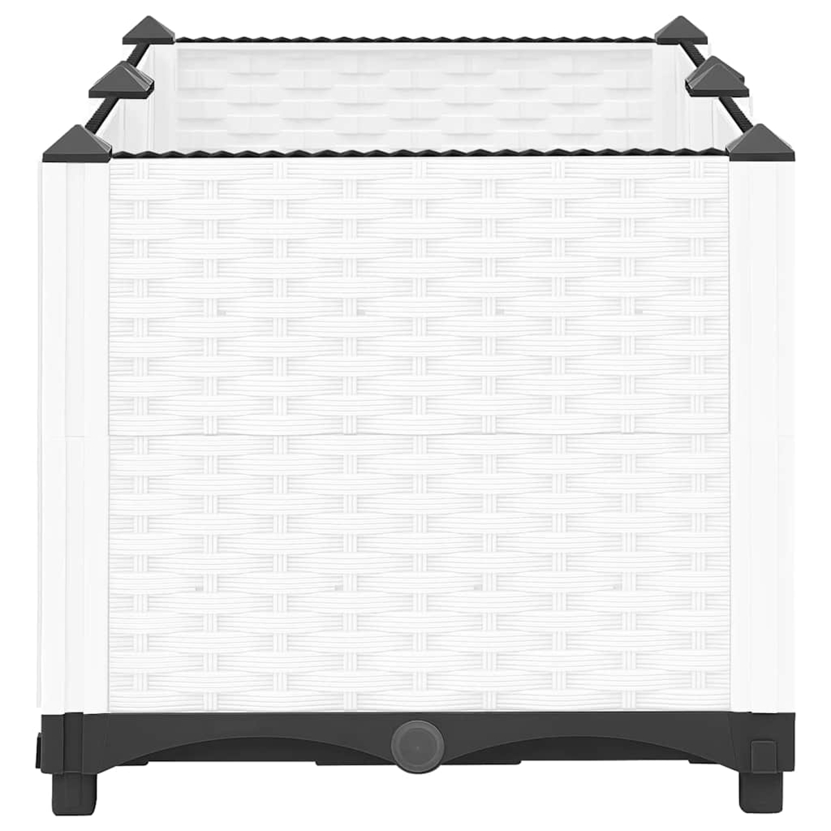Ein weißer Aufbewahrungsschrank mit schwarzem Sockel und Dach. Rattan-Optik.
