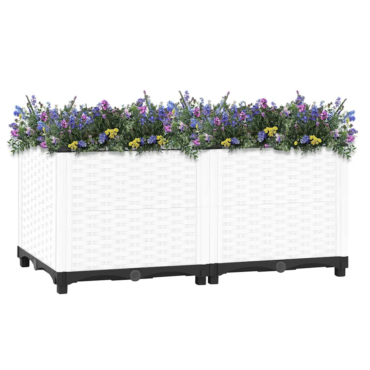 Zwei weiße Hochbeete mit bunten Blumen darauf