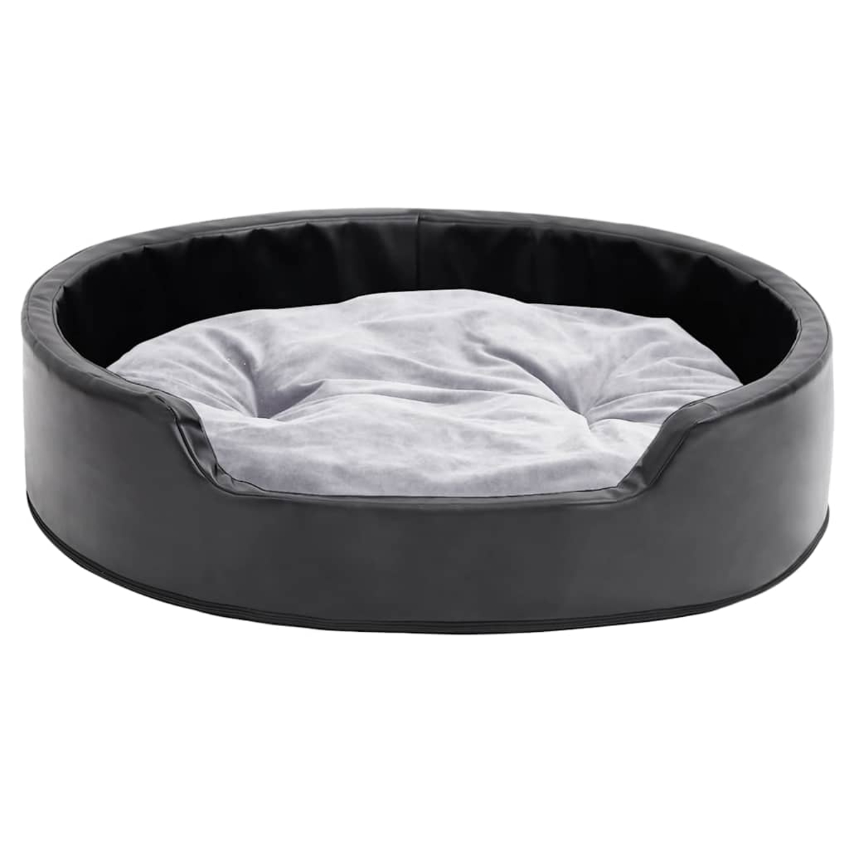 Ein schwarzes, rundes Hundebett mit einem weichen, grauen Kissen.
