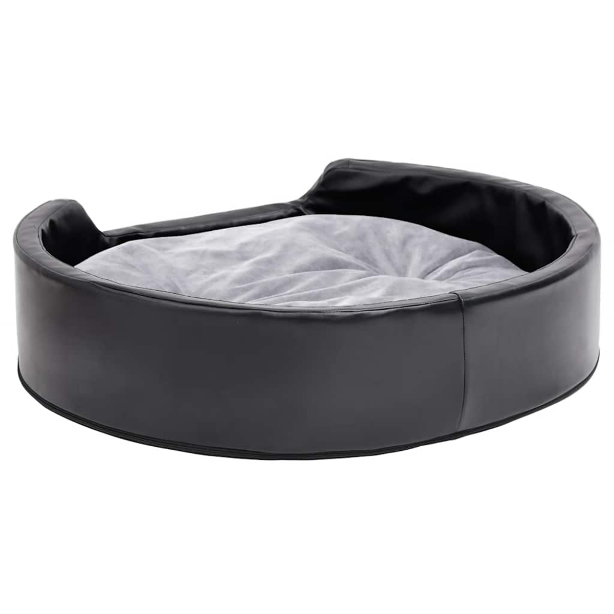 Ein schwarzes, rundes Hundebett mit einem weichen, grauen Kissen.
