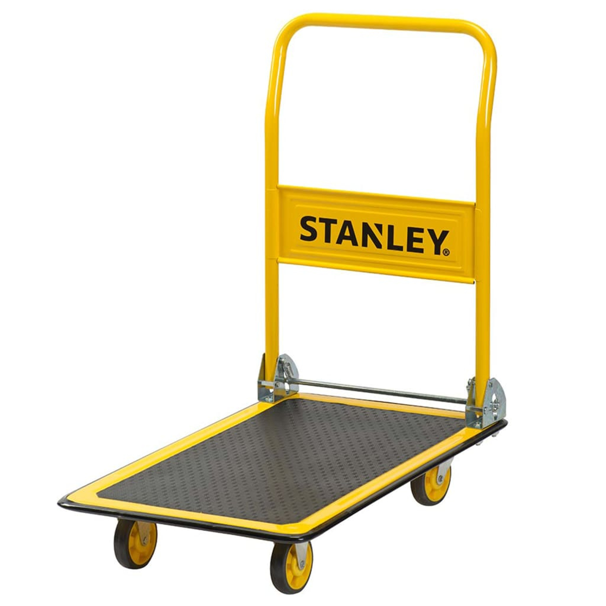 Gele Stanley vouwkar met zwart platform en vier wielen.