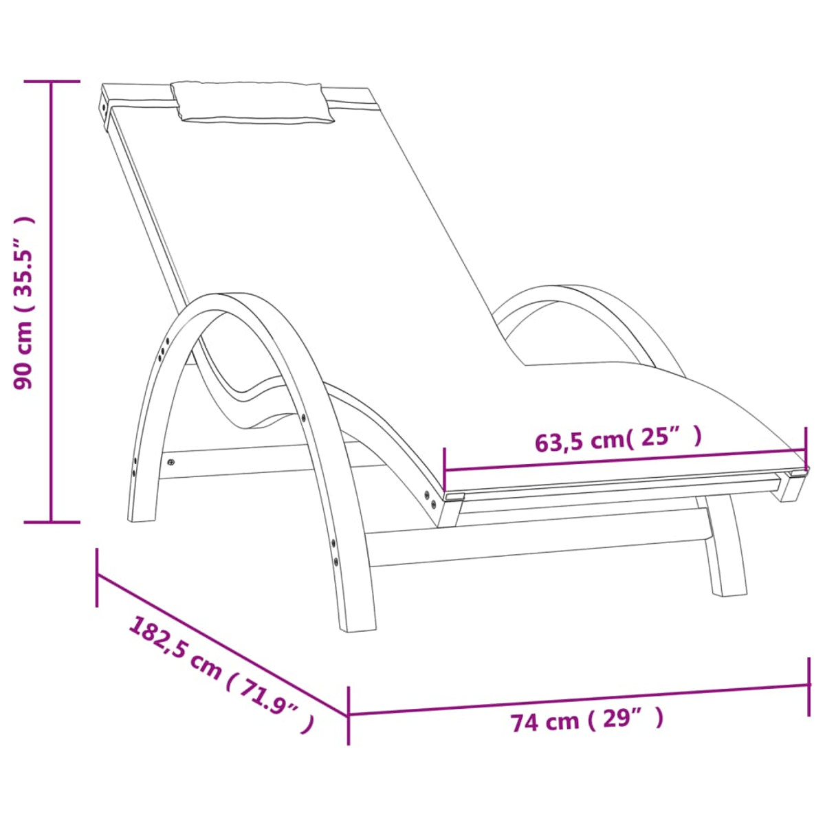 Eine Skizze einer Liege mit Maßen: Höhe 90 cm, Breite 63,5 cm, Länge 182,5 cm.