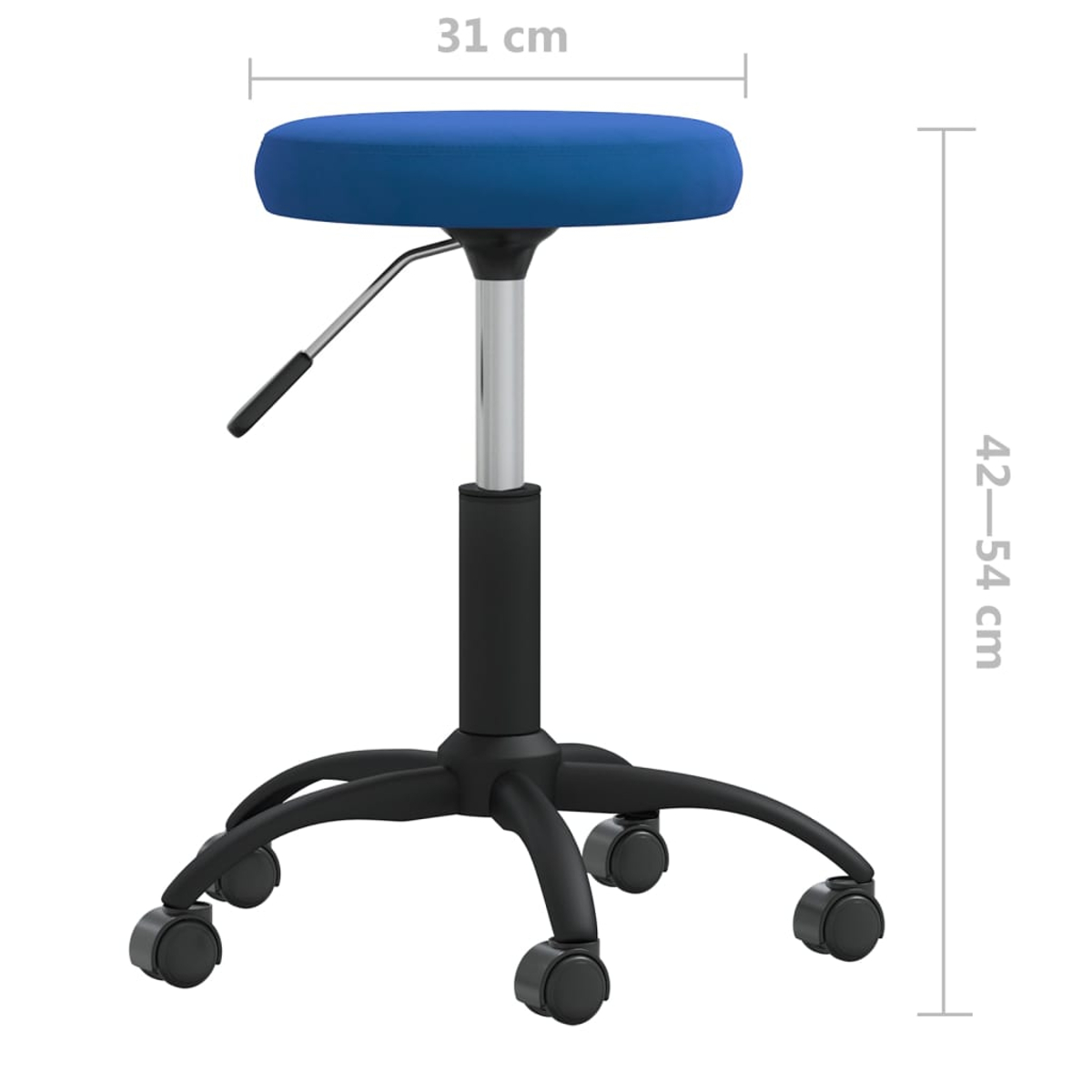 Ein blauer Hocker mit Rollen, höhenverstellbar von 42-54 cm, Sitzbreite 31 cm.