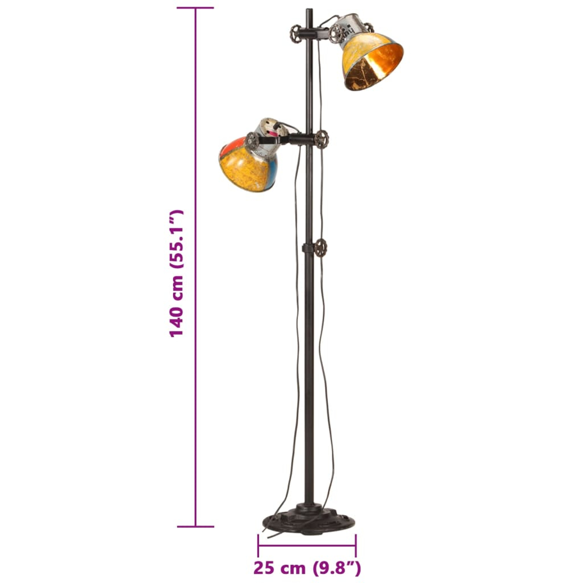 Eine dunkle Stehlampe aus Metall mit zwei verstellbaren Lampenschirmen in Gelb, Rot und Blau.
