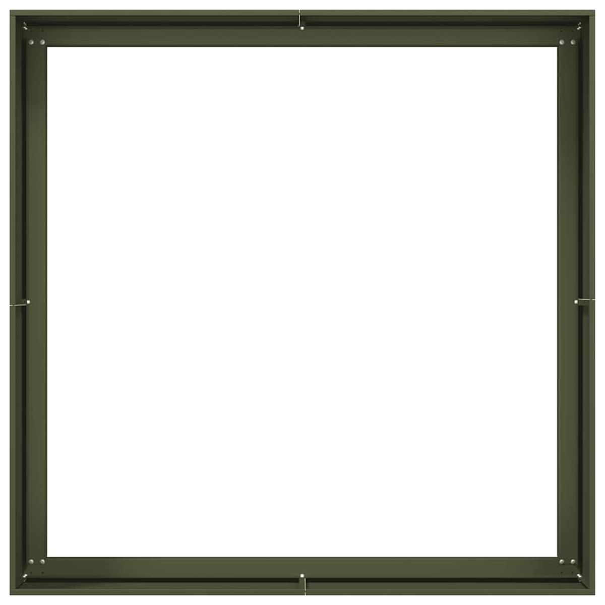 Una cornice in metallo verde scuro con rivetti argentati su sfondo bianco.