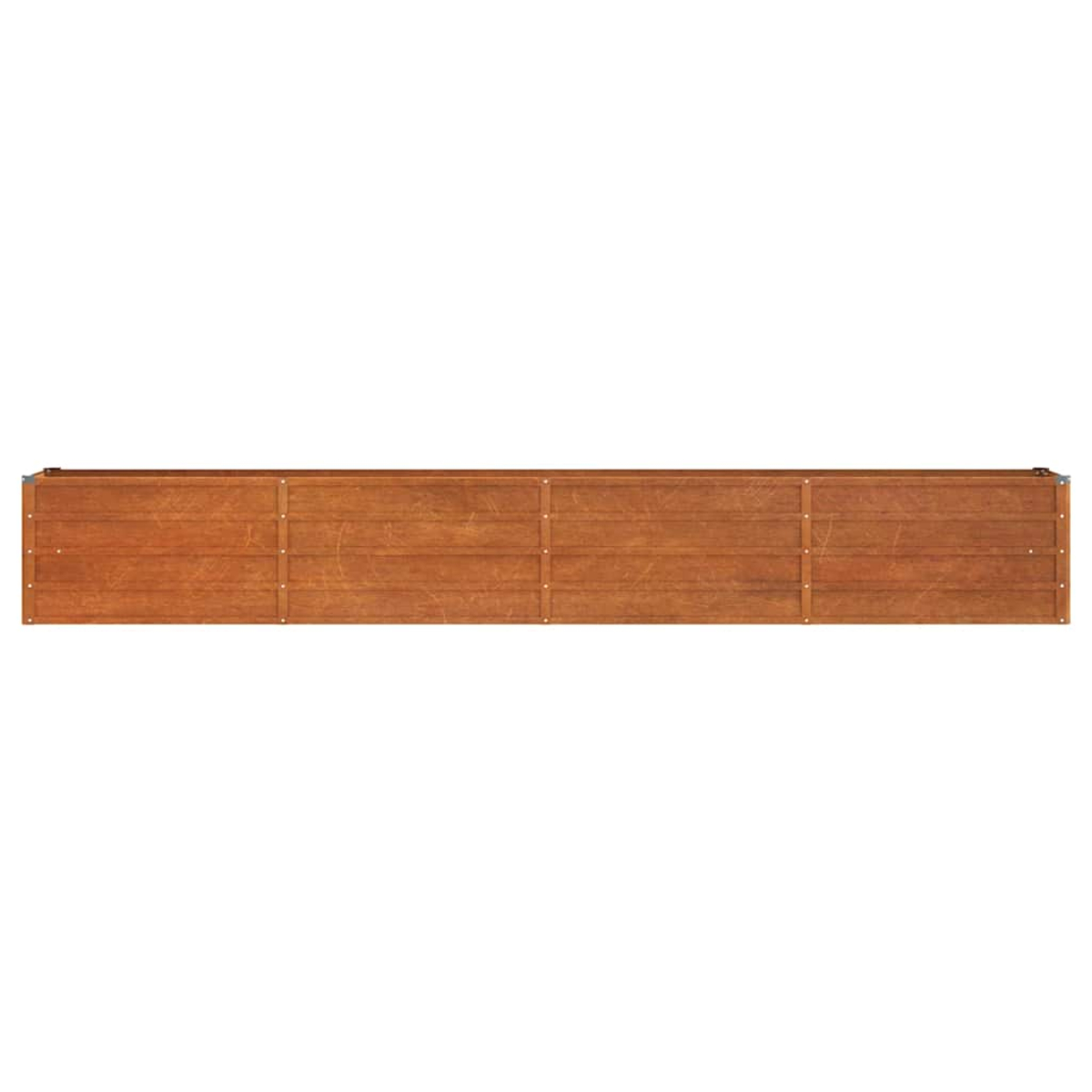 Ein langer, horizontaler Holzzaun aus braunen Brettern mit Metallstreifen.