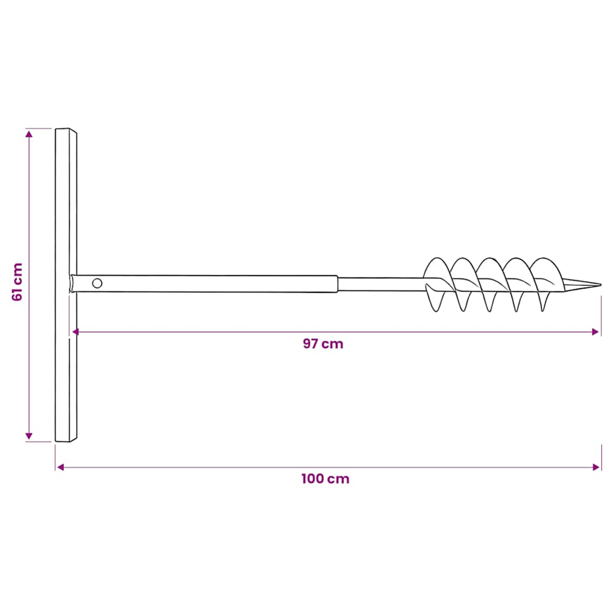 Bohrer mit T-Griff, 61 cm breit, 100 cm lang.