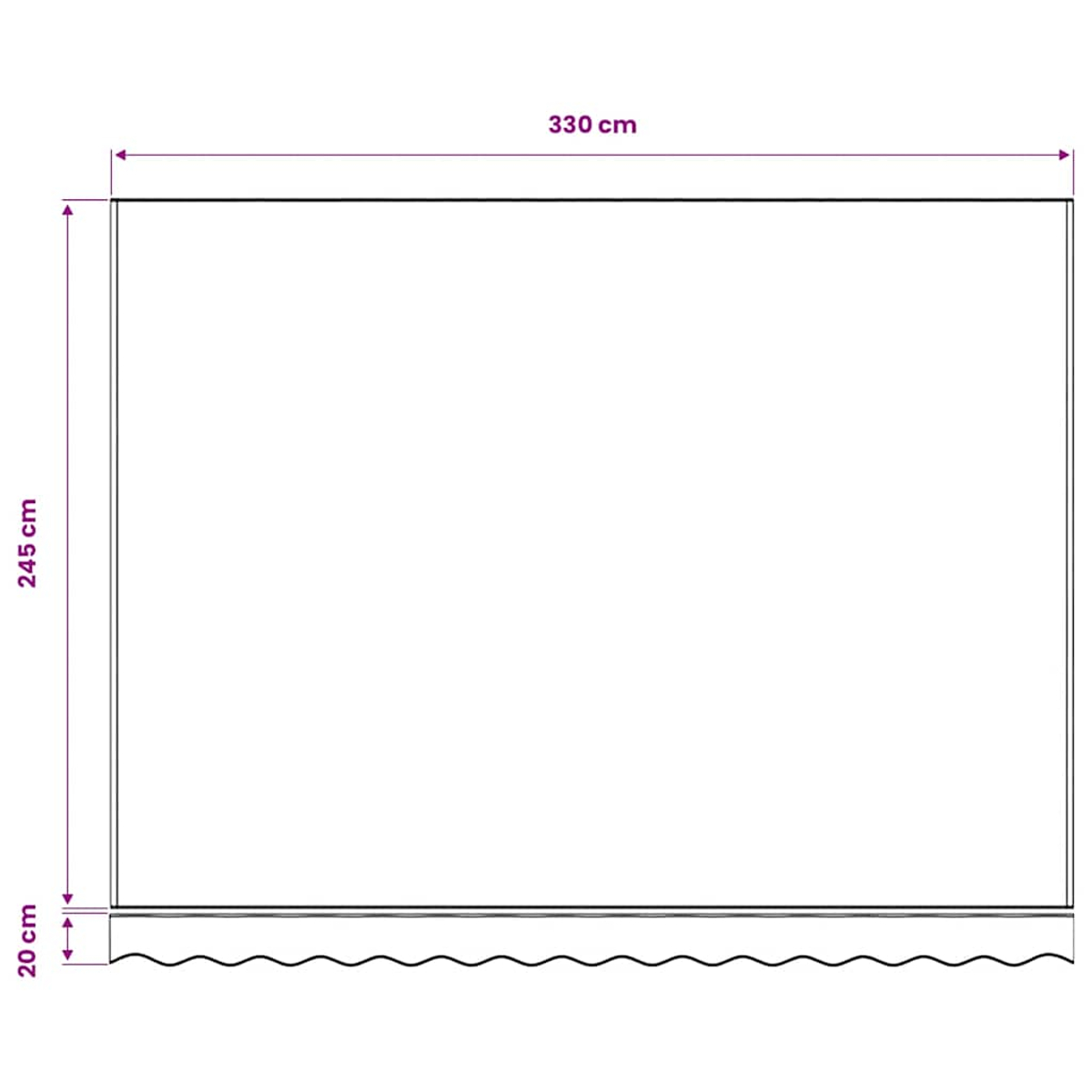 Diagramm zeigt die Maße eines rechteckigen Objekts: 330 cm breit, 245 cm hoch, 20 cm tief.