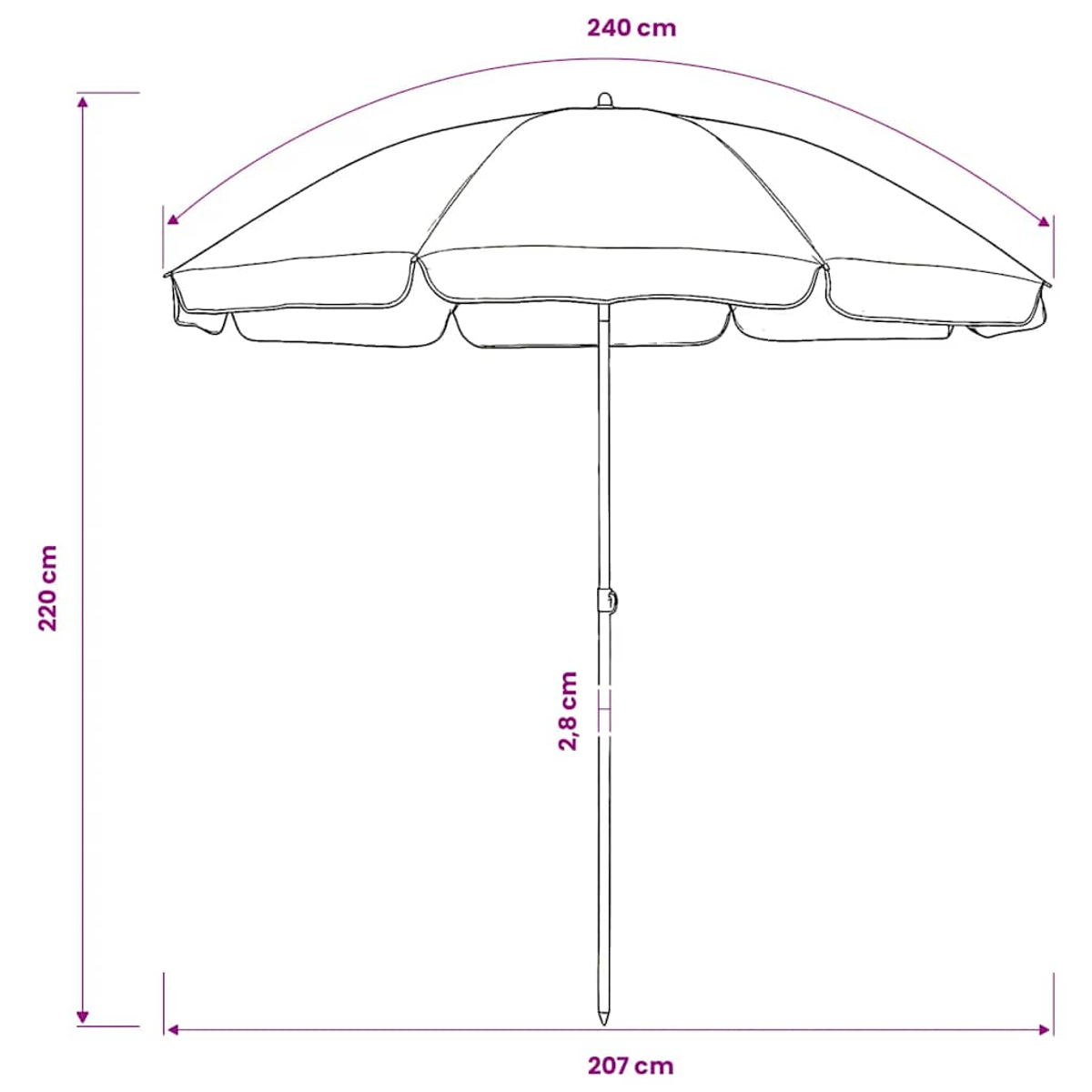 Ombrellone con dimensioni: altezza 220cm, larghezza 240cm, apertura 207cm, asta 2,8cm.