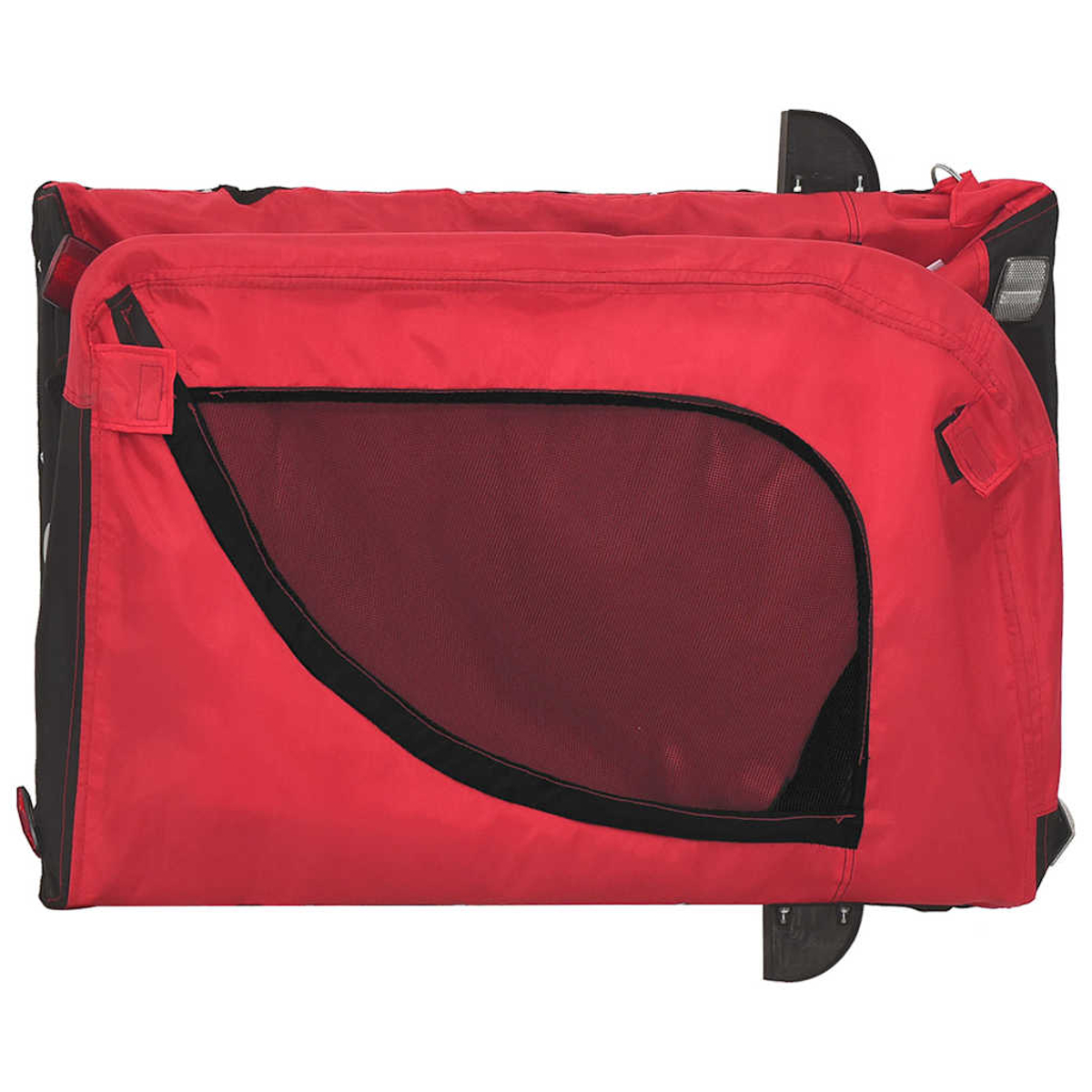 Ein roter Hundewagen mit schwarzem Netzfenster und Befestigungslaschen.