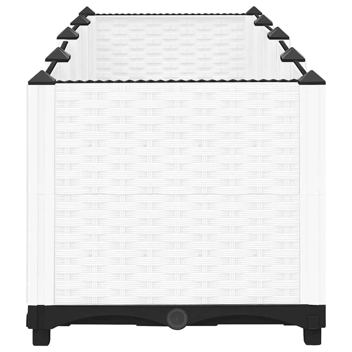 Weiße Aufbewahrungsbox mit Rattan-Optik und schwarzem Sockel und Deckel.