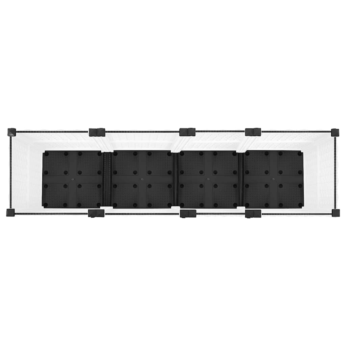 Draufsicht eines rechteckigen, schwarzen und weißen modularen Gehäuses mit vier schwarzen Einsätzen.