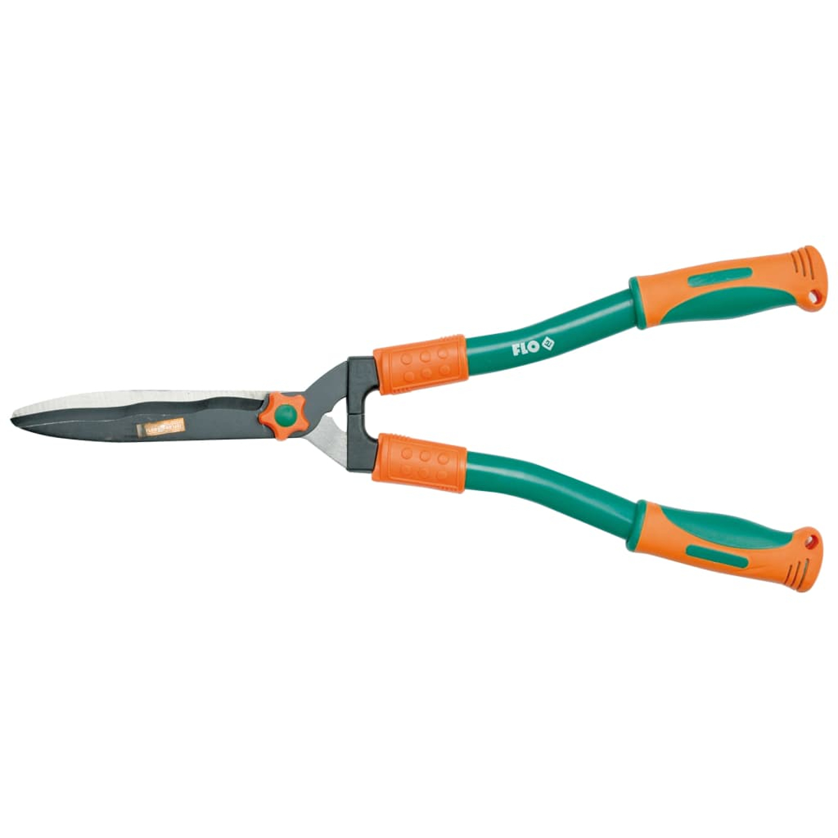 Grüne und orange Gartenschere mit langen Klingen und Griffen.