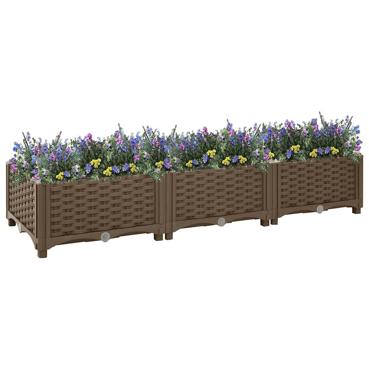 Braune rechteckige Blumenkästen mit geflochtenem Muster, gefüllt mit lila und gelben Blumen.