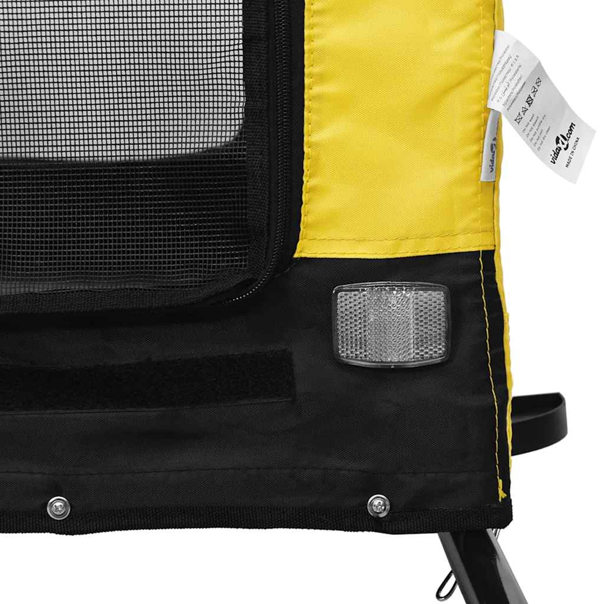 Gelbe und schwarze Tasche mit Netzfenster, Reflektor und Etikett.