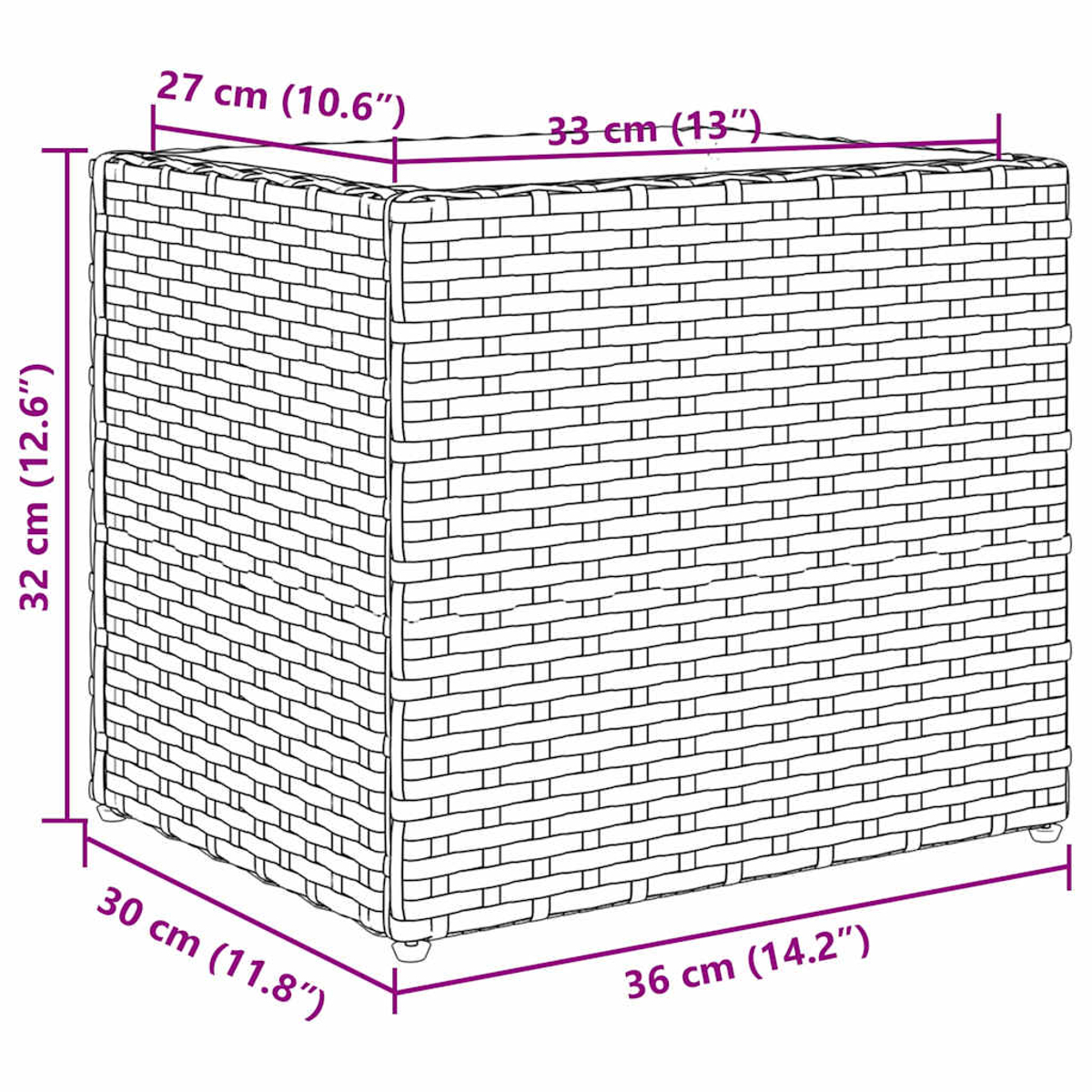 Scatola effetto vimini con dimensioni: altezza 32 cm, larghezza 36 cm, profondità 30 cm.