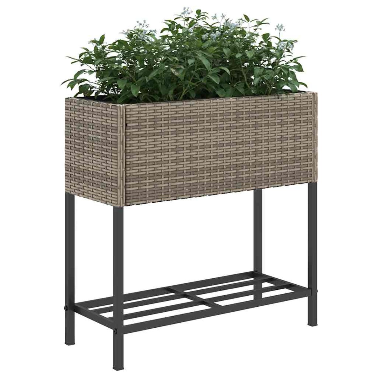 Fioriera rettangolare effetto rattan su telaio in metallo nero con ripiano.