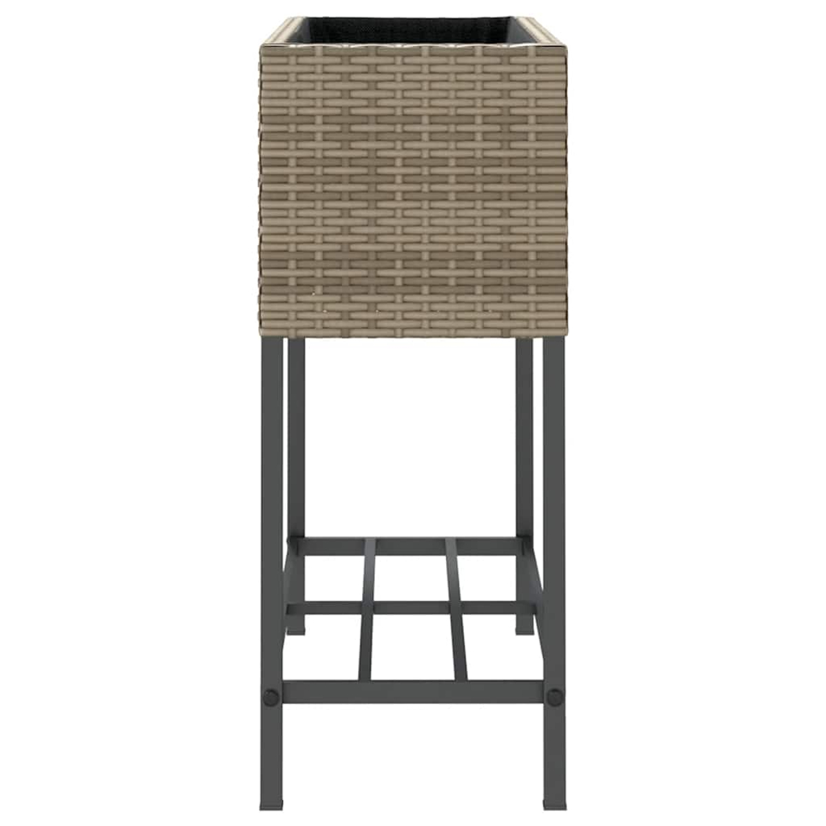 Un fioriera rettangolare in rattan grigio intrecciato su un supporto in metallo nero.