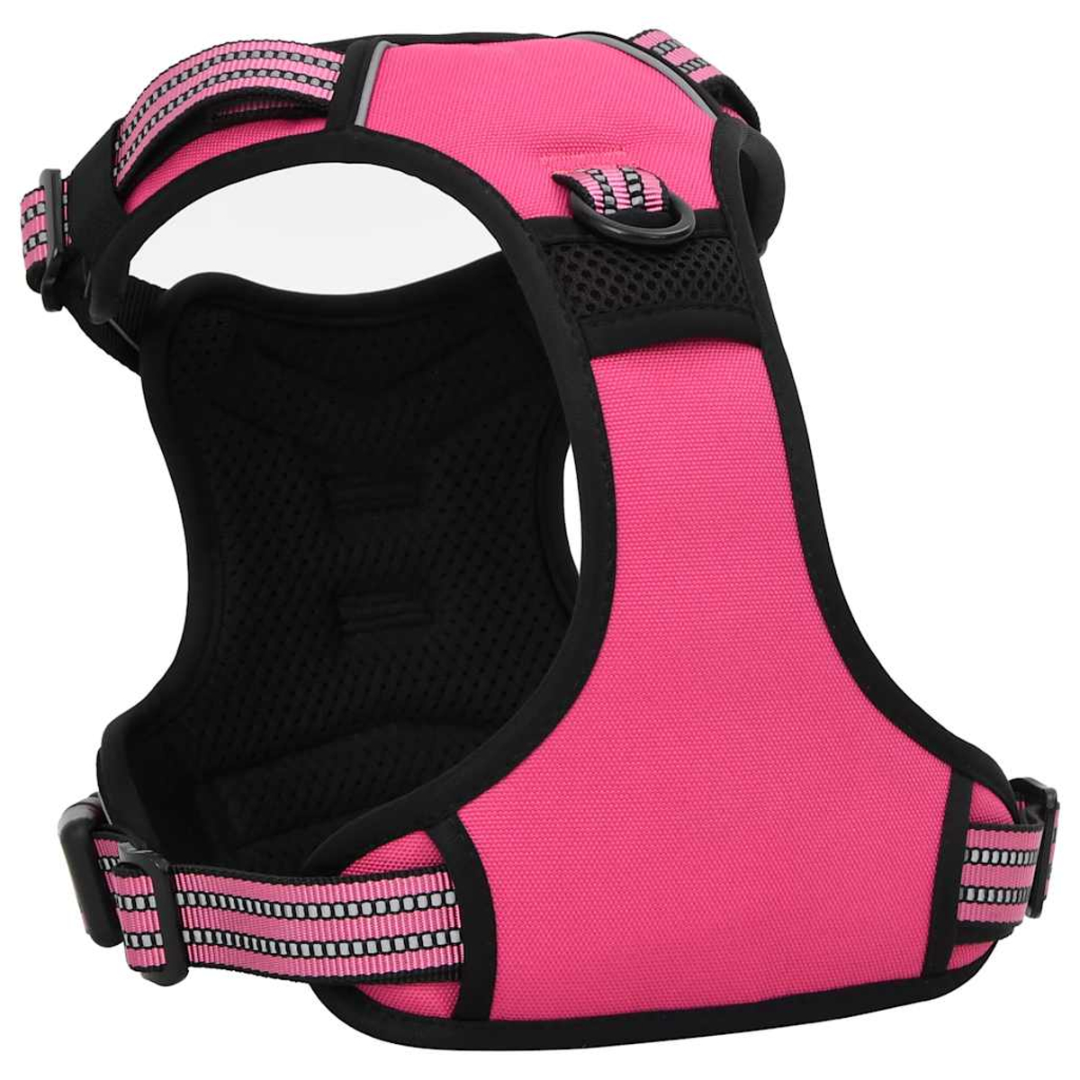 Una pettorina rosa per cani con imbottitura nera e strisce riflettenti.