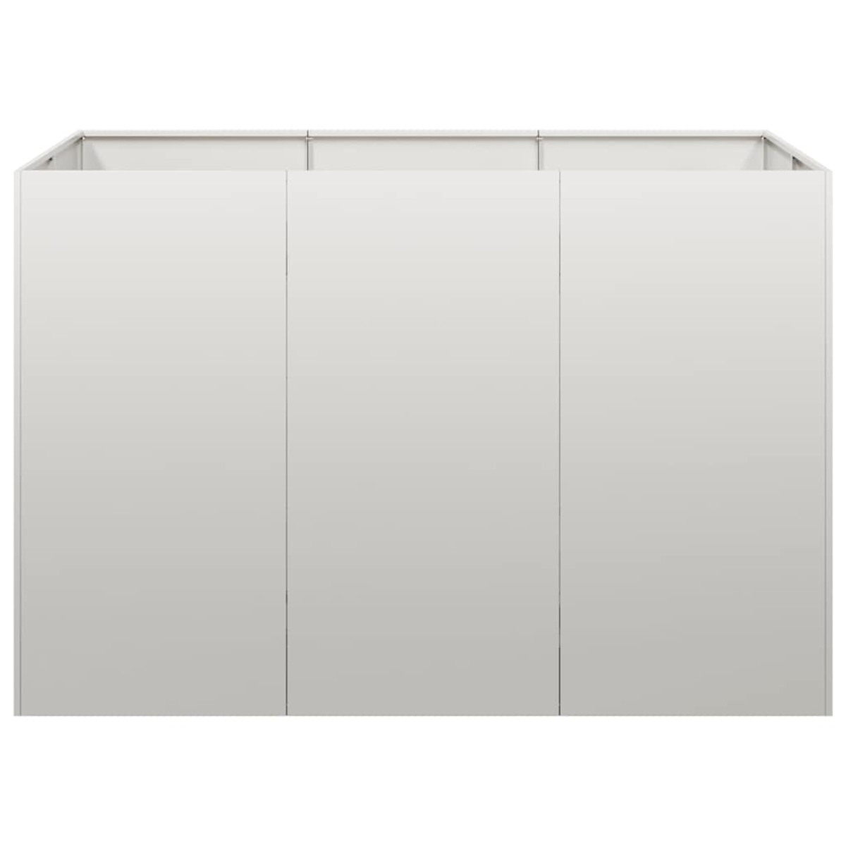 Uno stand fieristico bianco con tre pannelli e travi metalliche in alto.