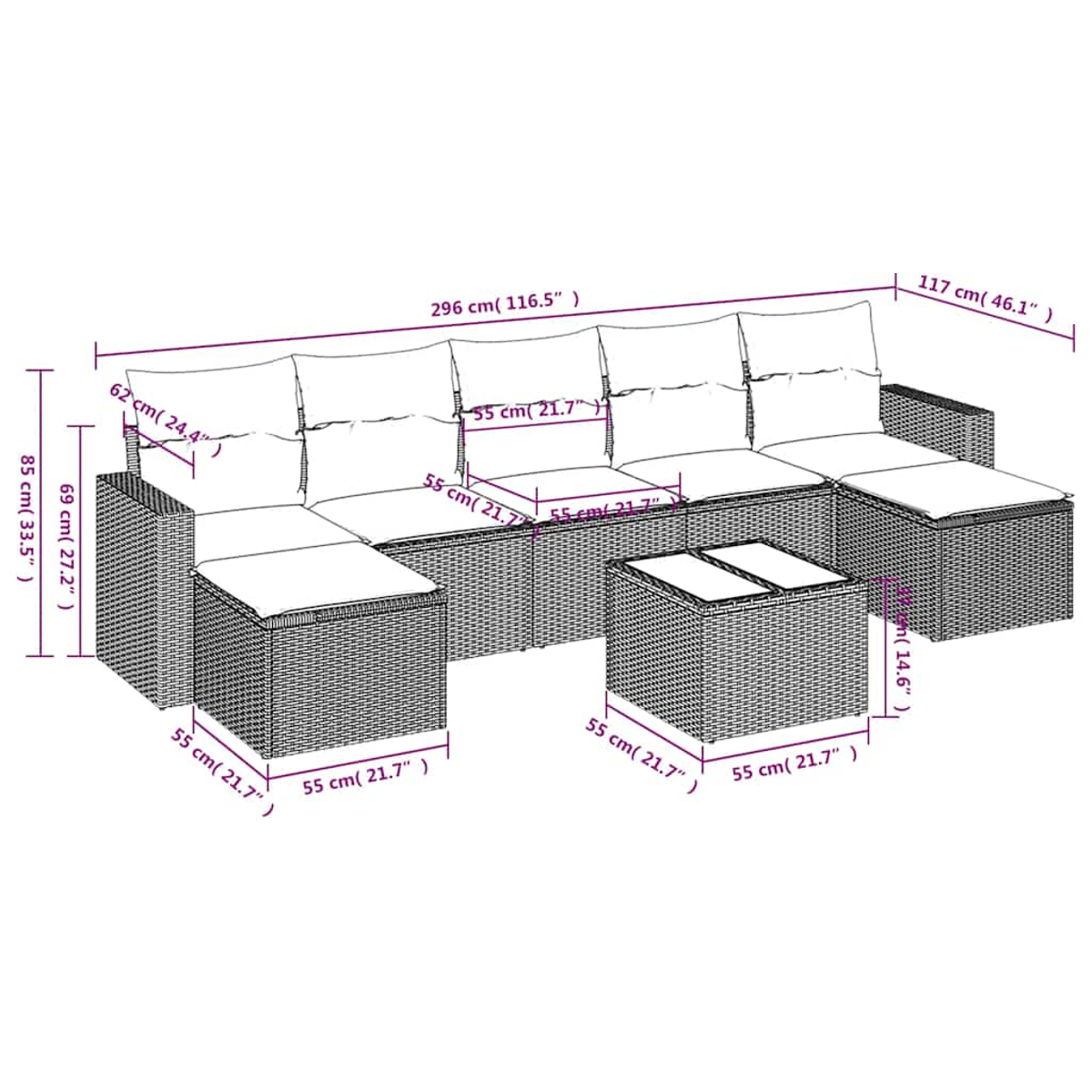 Modulares Rattansoofa mit zwei Hockern und einem Tisch, Maße sind angegeben.