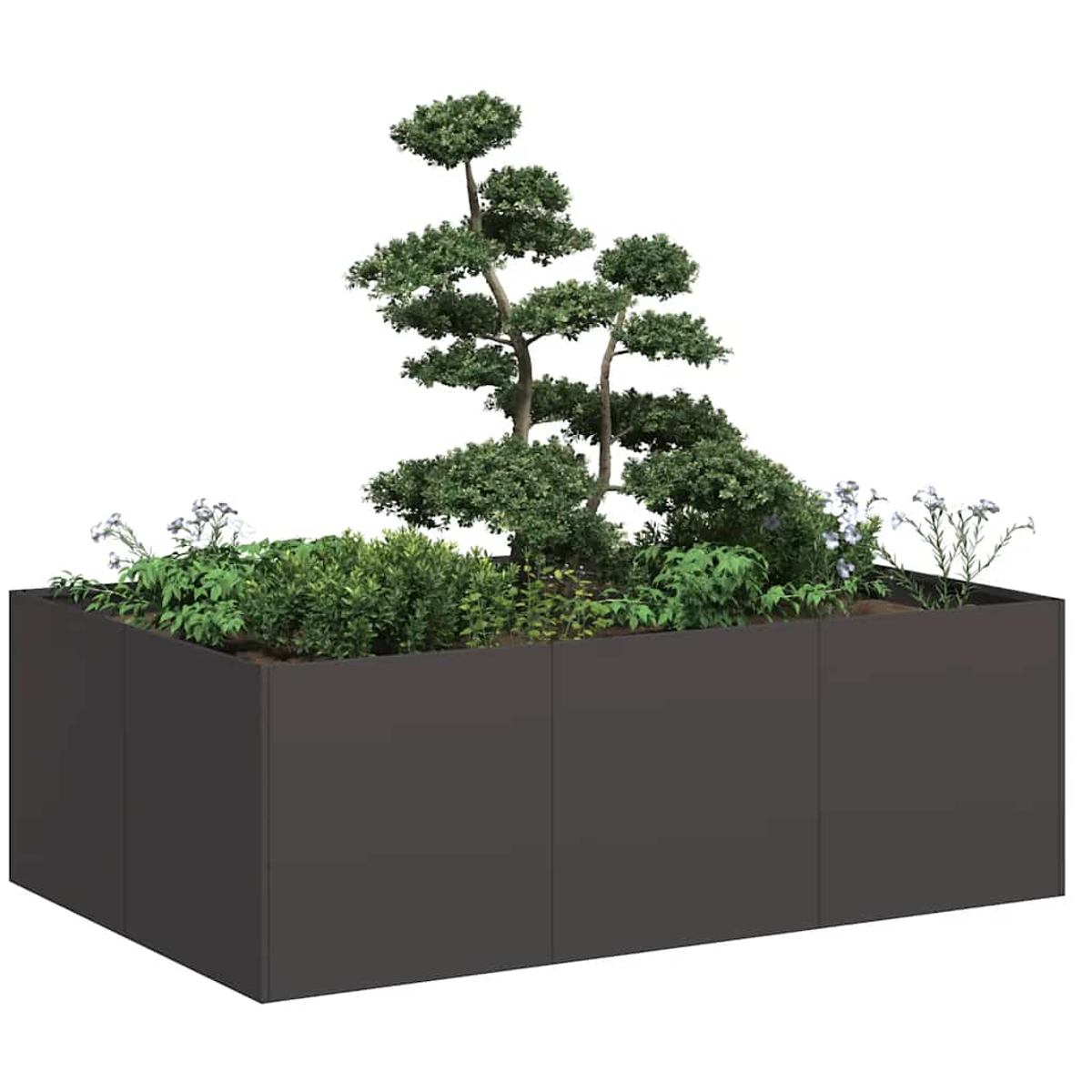 Una fioriera rettangolare scura con alberi e fiori.