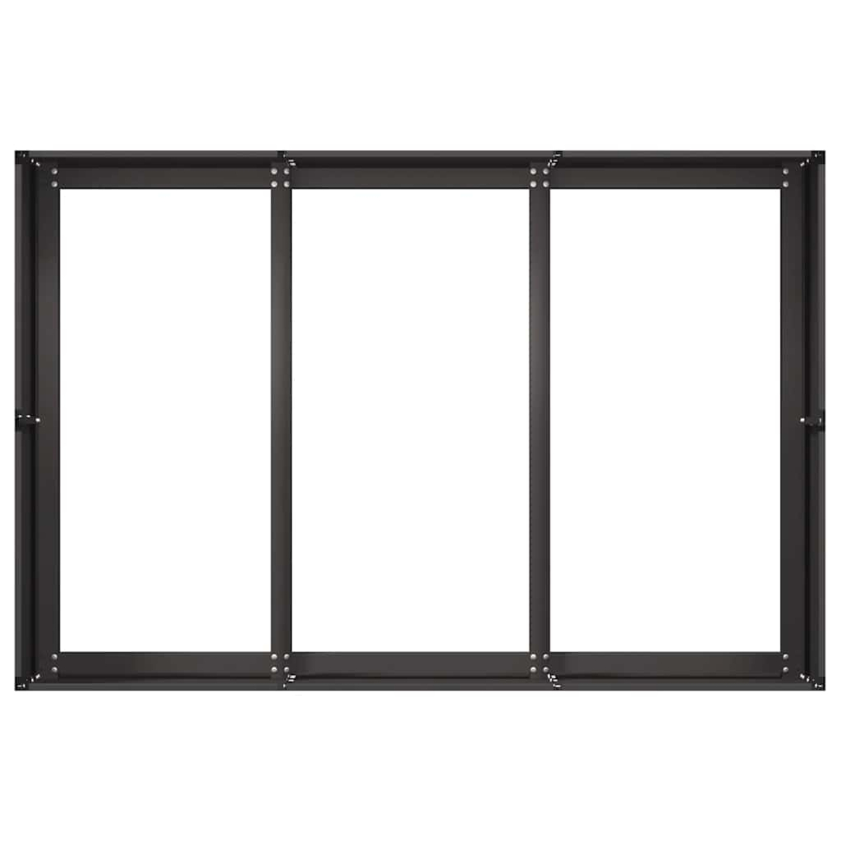 Una cornice di finestra nera a tre pannelli su sfondo bianco.