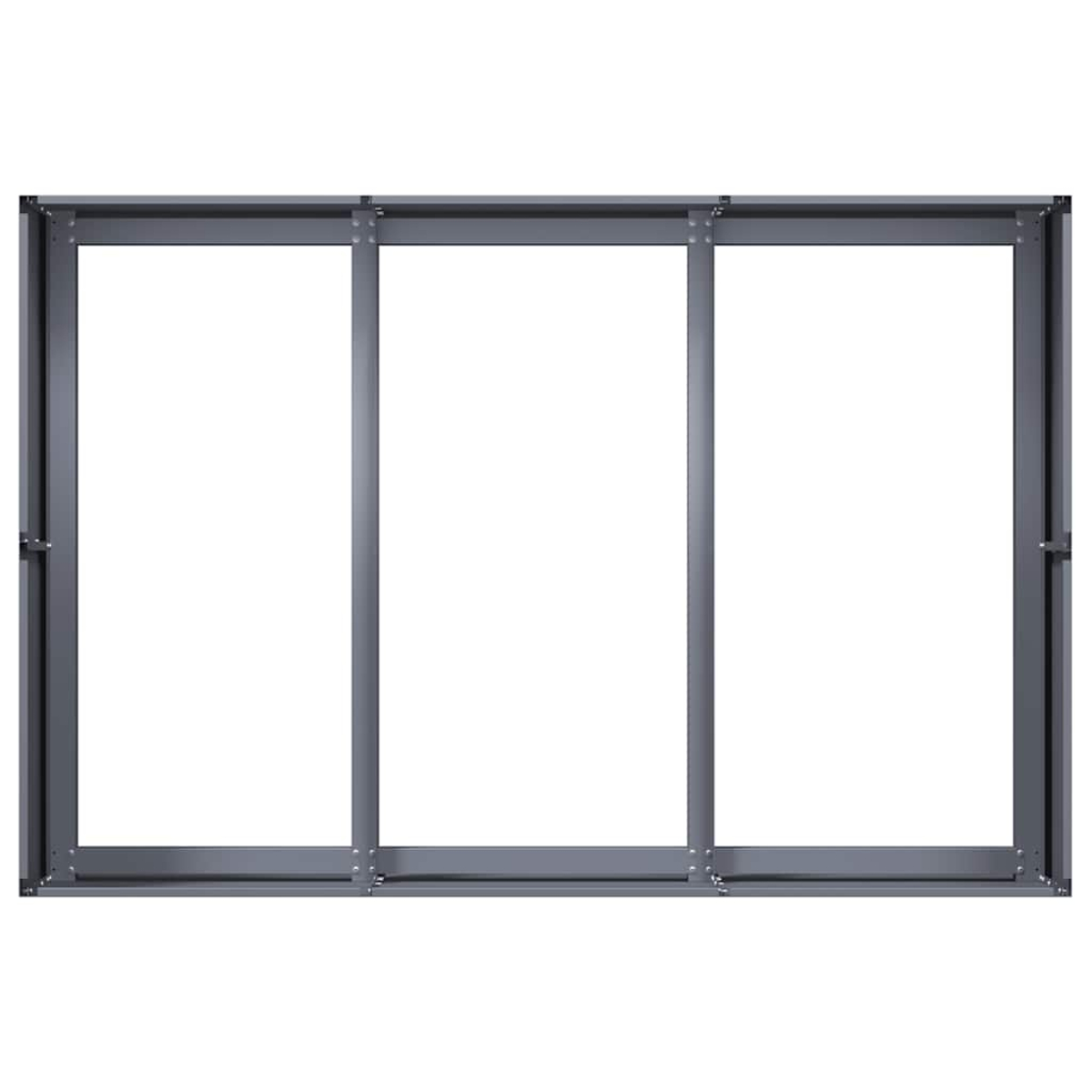 Una cornice in metallo grigio con tre vetri vuoti.
