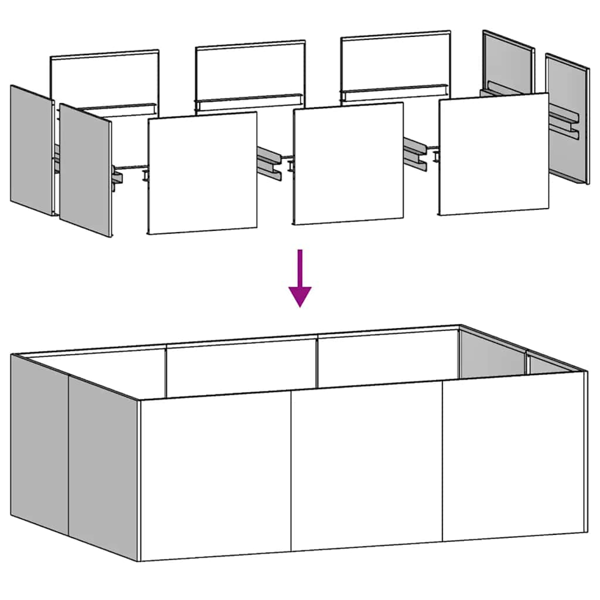 Illustrazione mostra l'assemblaggio di un recinto rettangolare da pannelli.