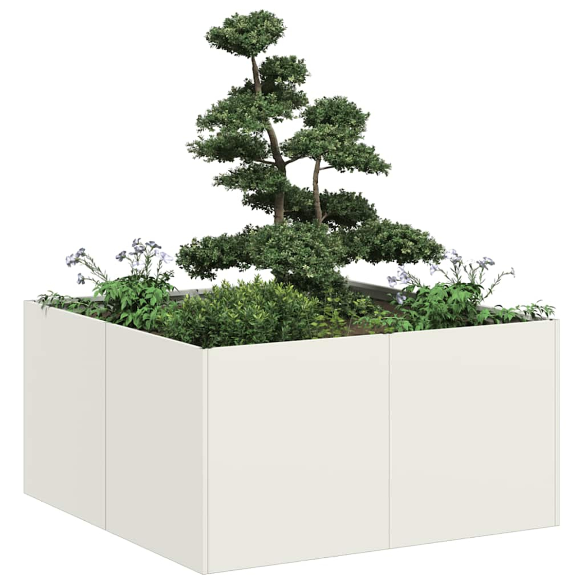 Una fioriera rettangolare color crema con un bonsai, cespugli e piante fiorite al suo interno.