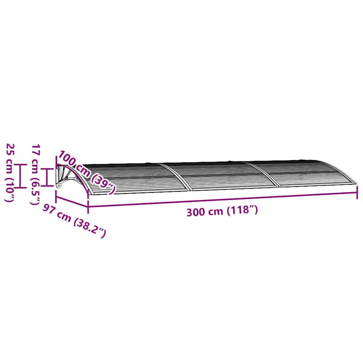 Markise mit Maßen: 300 cm lang, 97 cm tief, 100 cm hoch.