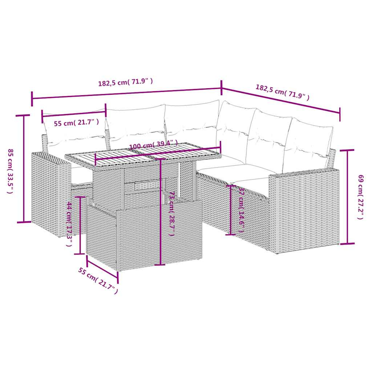 Rattan-Lounge-Set mit Tisch, Maße sind in cm und Zoll angegeben.